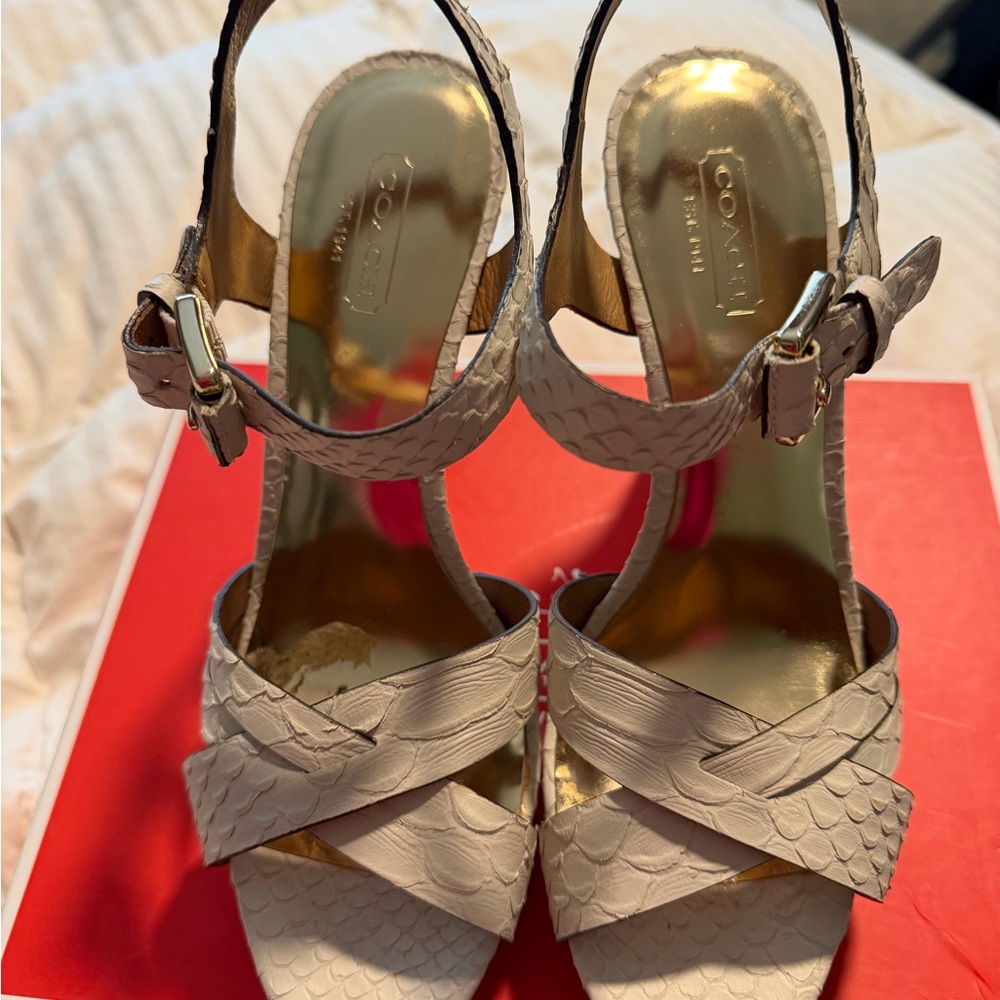 Coach Cream Textured Leather Slingback Heels